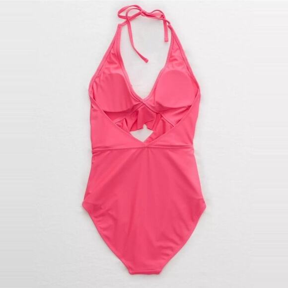 Aerie Ruffle One-Piece Full Coverage Halter Swimsuit Bright Neon Pink Large - Picture 4 of 11
